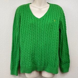 Lauren Ralph Lauren RLL Embroidered Logo Green Cable Knit V Neck Sweater Top XL